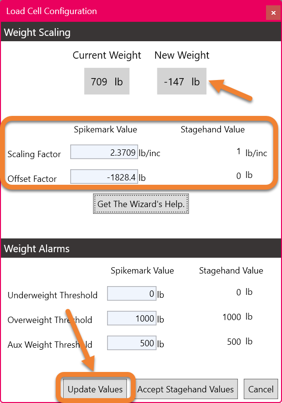 Load Cell Configuration Window with differning values and Update Values button indicated